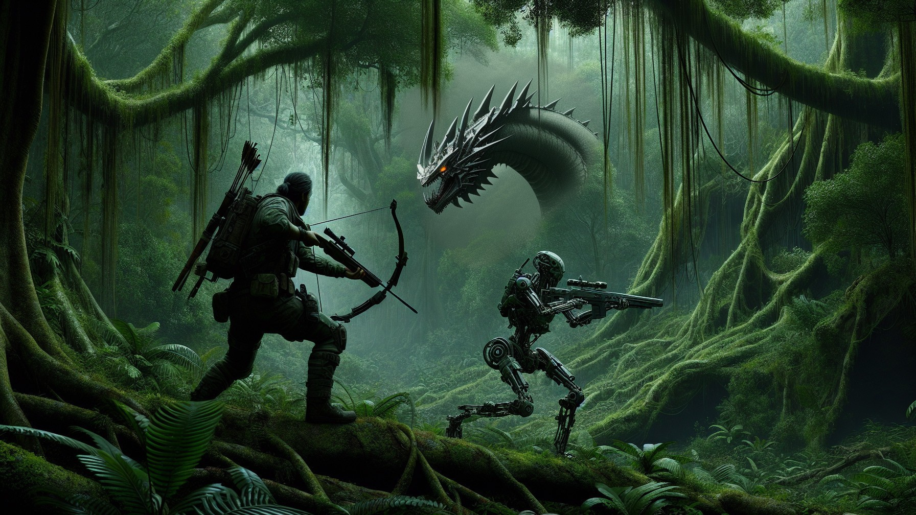 Warrior and Robot Confrontation in Jungle with Dragon