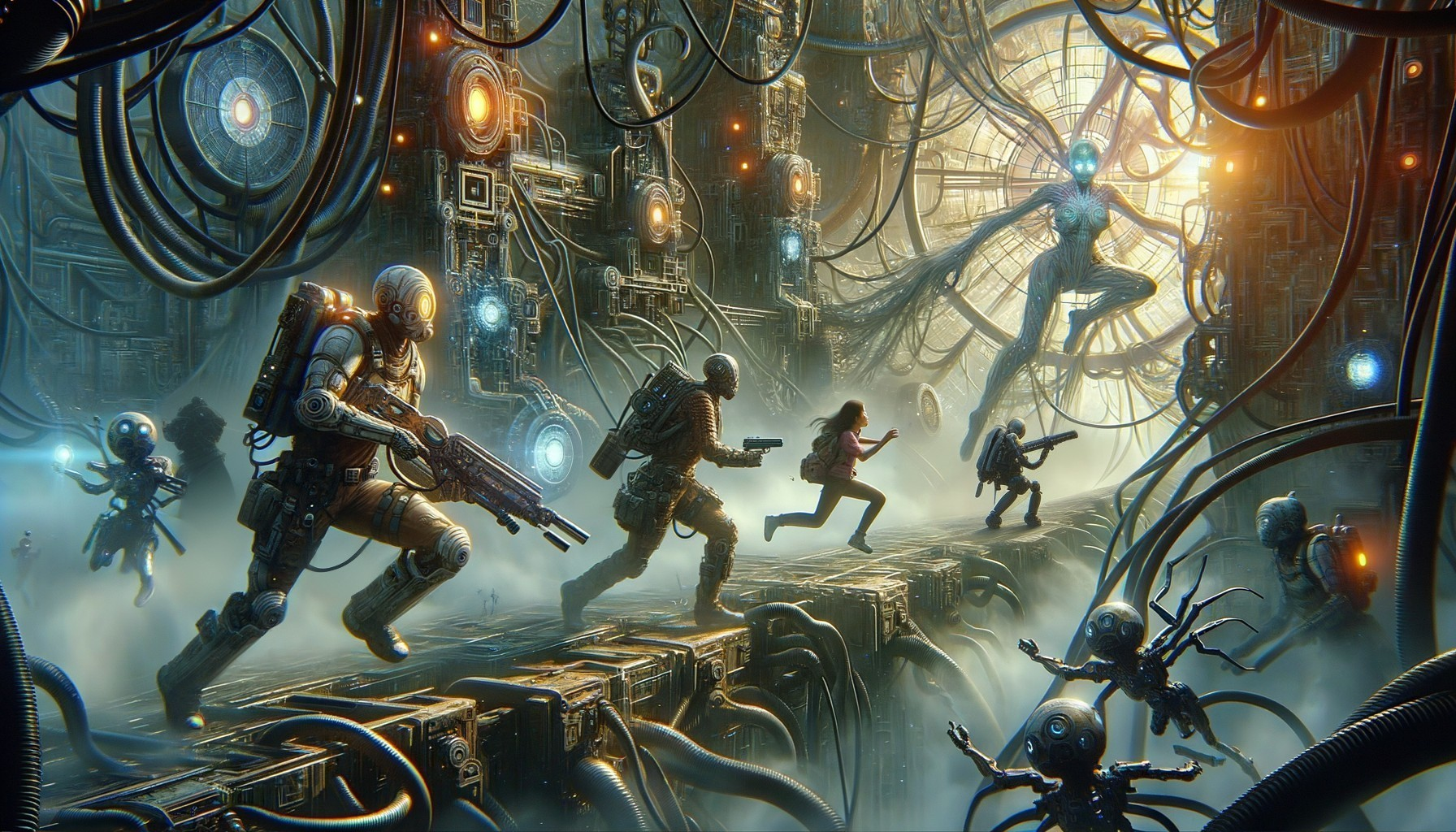 Futuristic scene of soldiers and lone figure in chaos