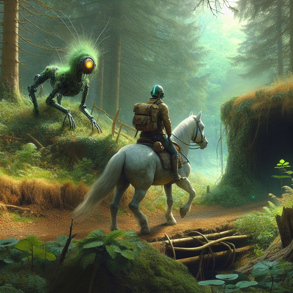 Mystical Forest Scene with Rider and Mechanical Creature