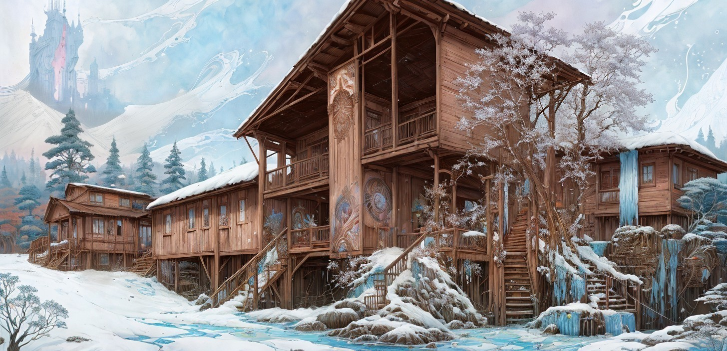 Winter Landscape with Wooden Structure and Stream