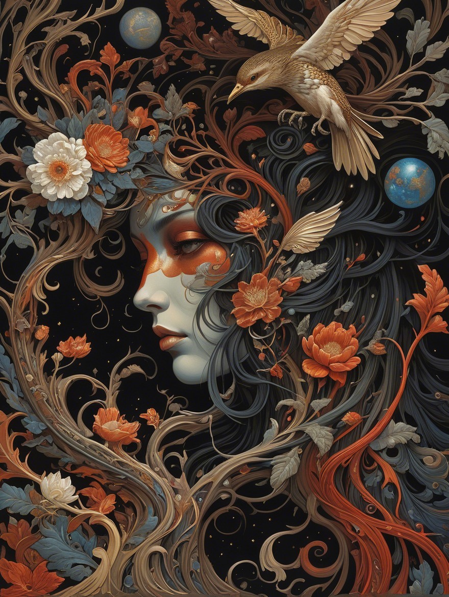 Surreal Portrait of Woman with Flora and Fauna Elements