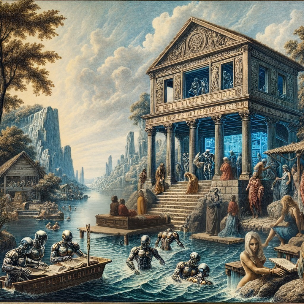 Surreal Ancient Structure by River with Eerie Atmosphere