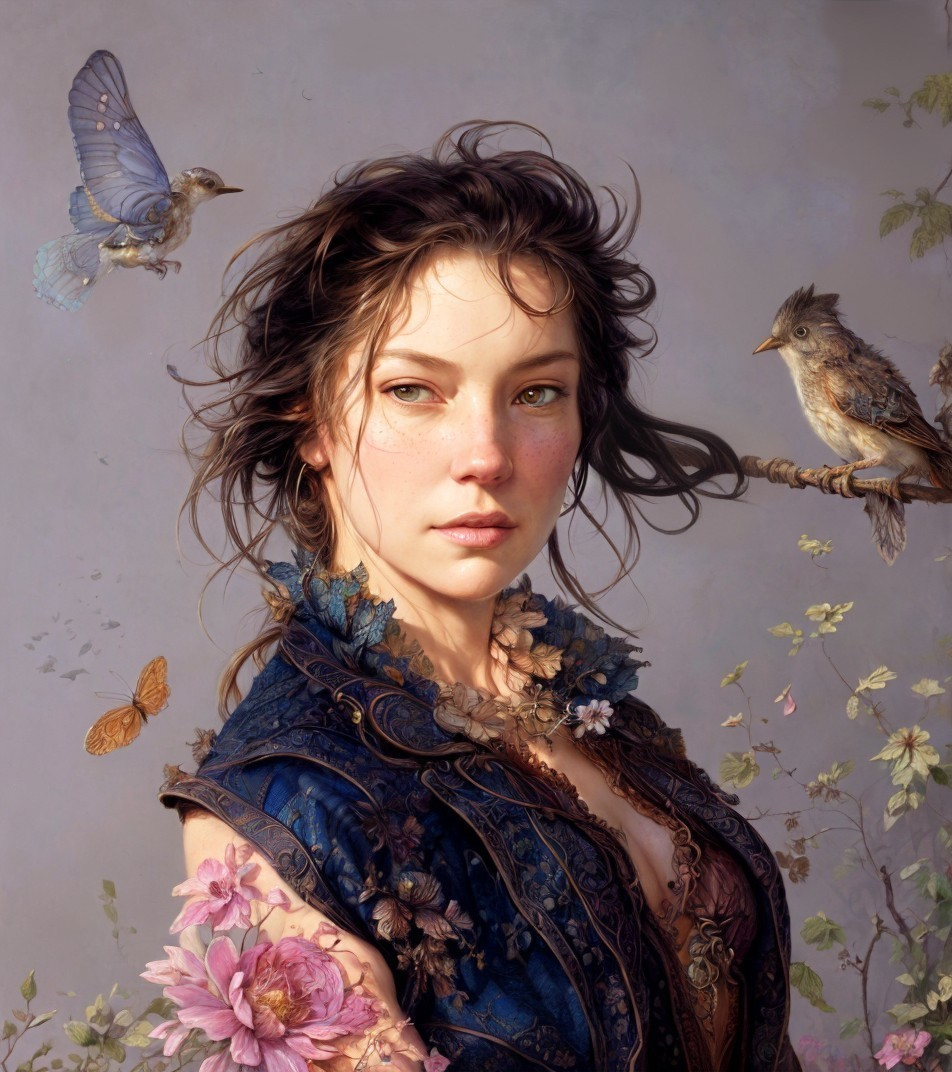 Woman portrait with serene expression, birds, butterflies, and flowers in blue floral attire