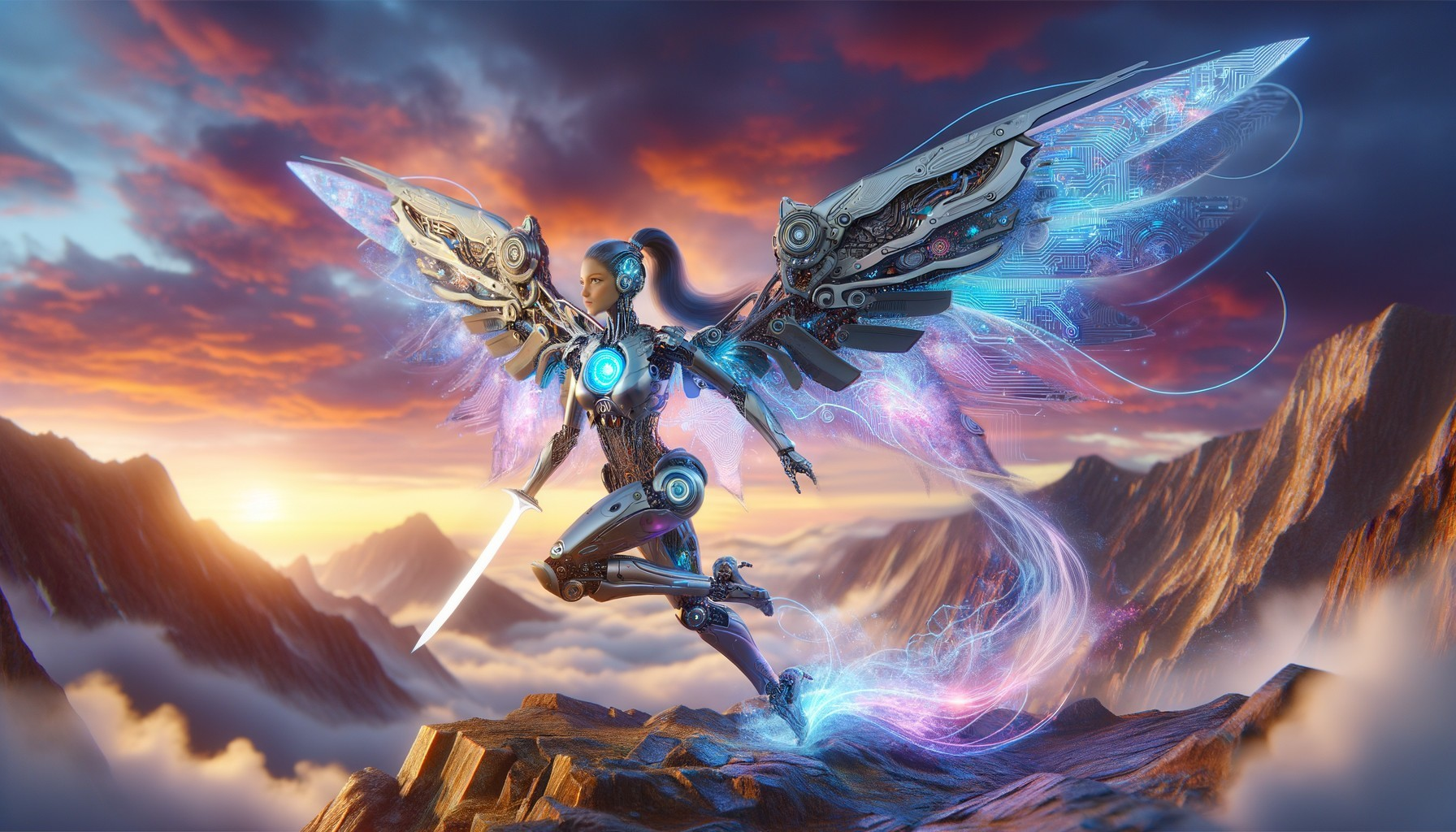 Futuristic Female Warrior with Mechanical Wings on Peak