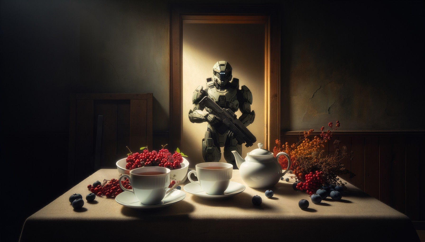 Dimly Lit Room with Tea Set and Futuristic Figure