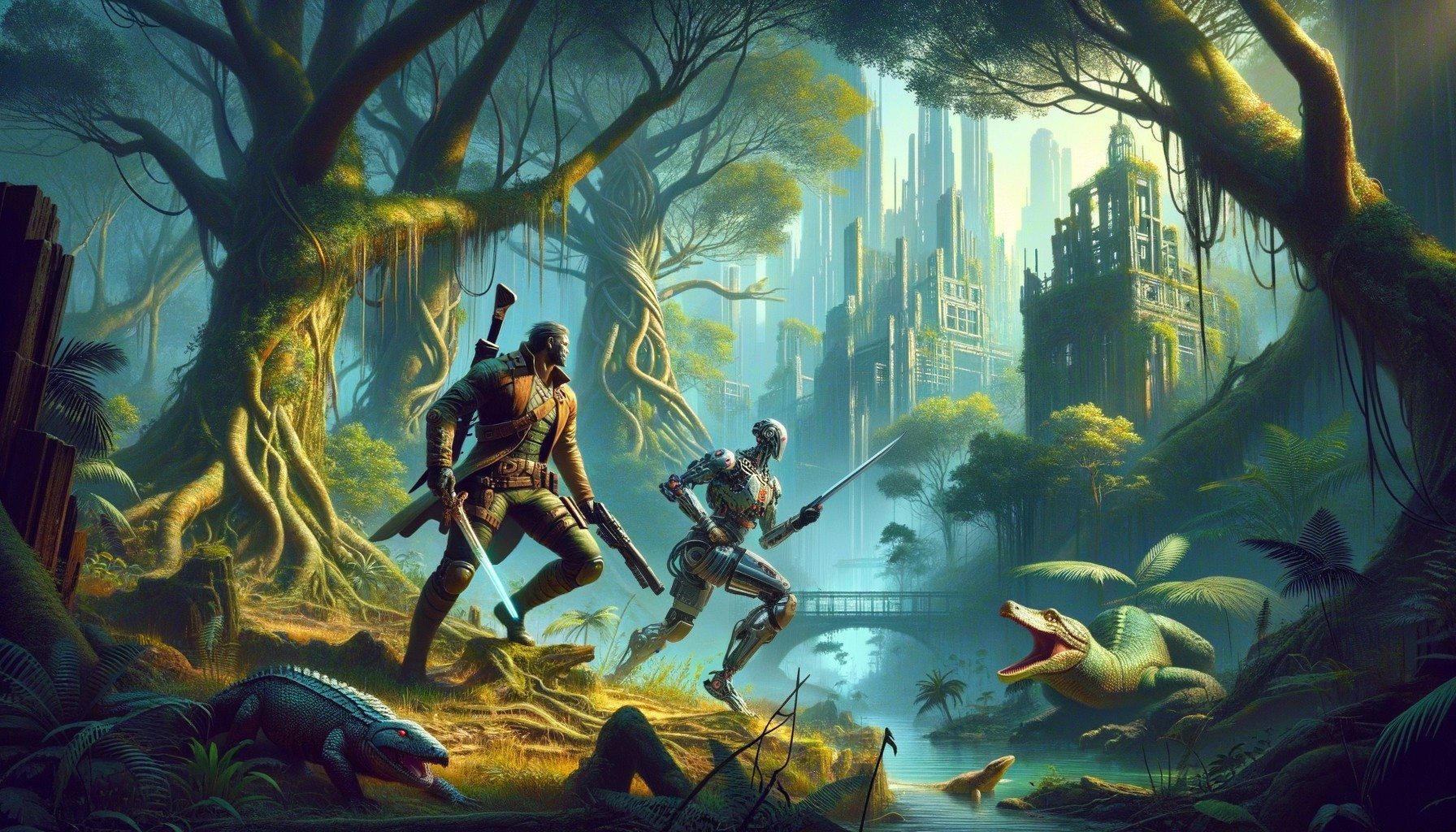 Warrior and Robot in Overgrown Jungle Adventure Scene
