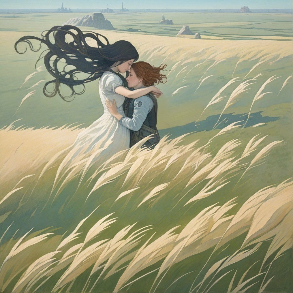 Young couple embraces in a serene golden landscape
