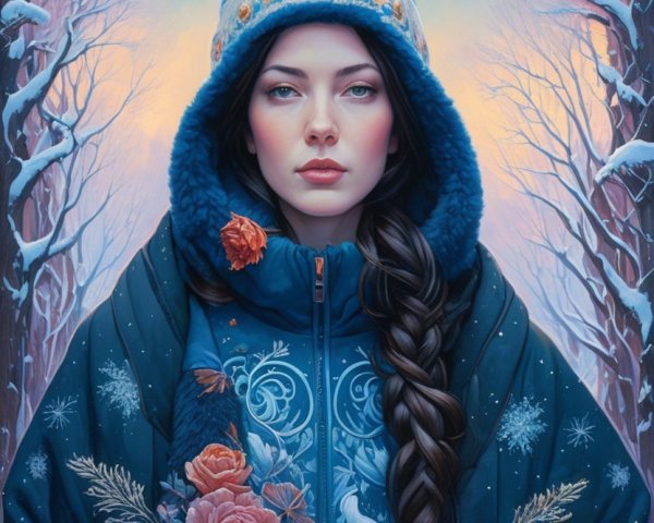Young woman in blue coat with flowers in snowy twilight