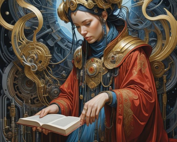 Woman in Red Robe Surrounded by Steampunk Elements