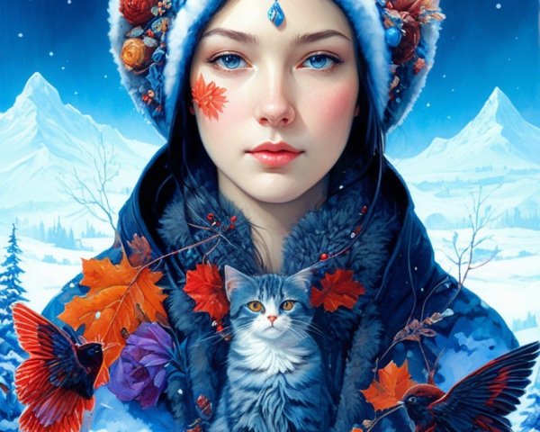 Young Woman in Floral Hat Amidst Winter and Fall Elements