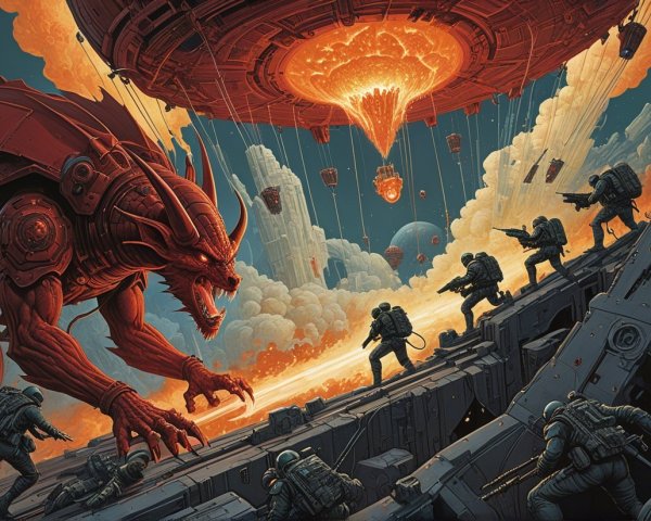 Futuristic Soldiers Confront Menacing Red Creature