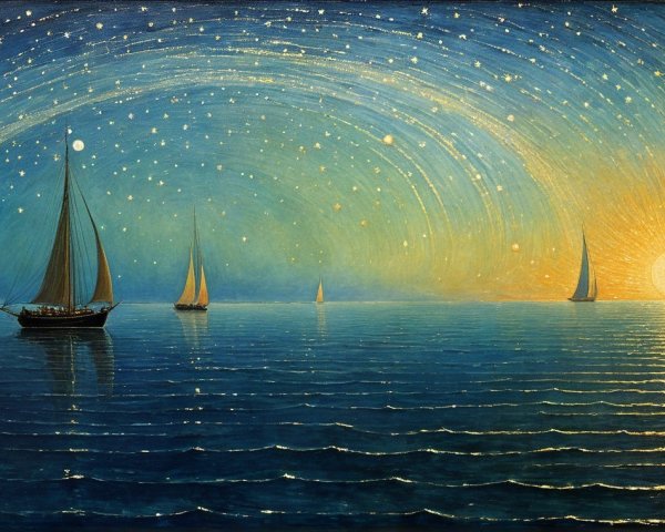 Serene Twilight Ocean with Sailboats and Stars