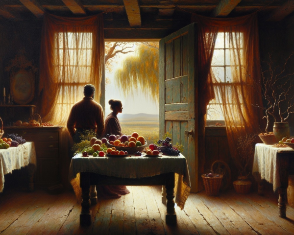 Cozy Rustic Room with Sunlight and Vibrant Fruits