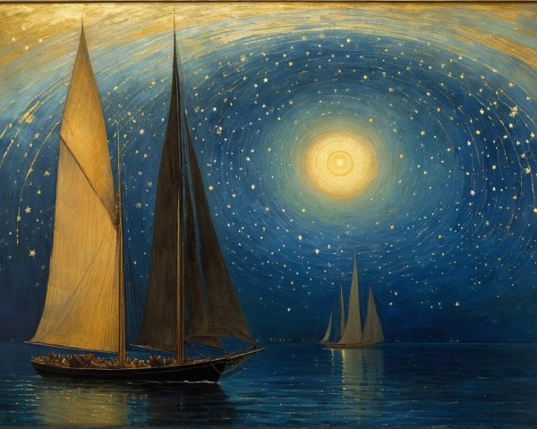 Serene Night Scene with Boats and Full Moon