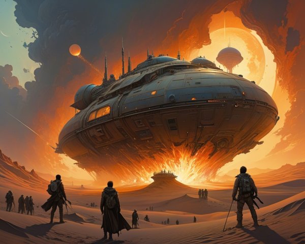 Futuristic Spaceship Over Desert at Dramatic Sunset