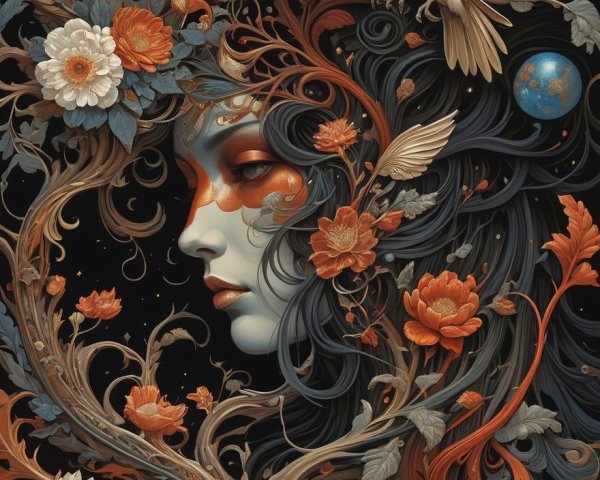 Surreal Portrait of Woman with Flora and Fauna Elements