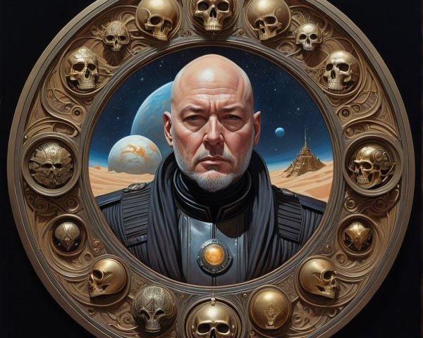 Bald Man with Beard Surrounded by Cosmic Elements