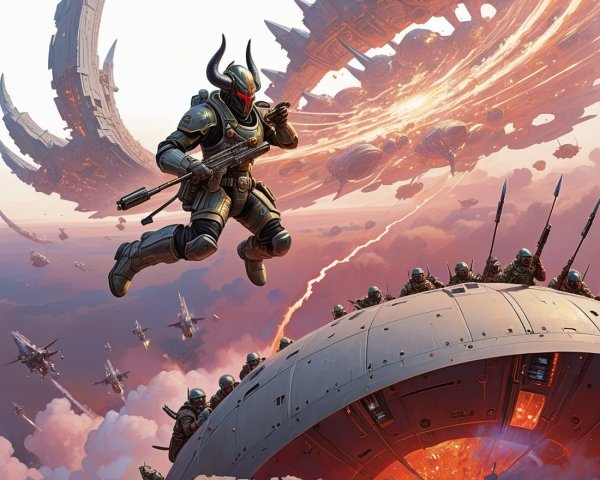 Futuristic Cosmic Landscape with Armored Soldiers