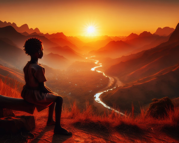 Child Silhouette on Log at Sunset Over Mountains