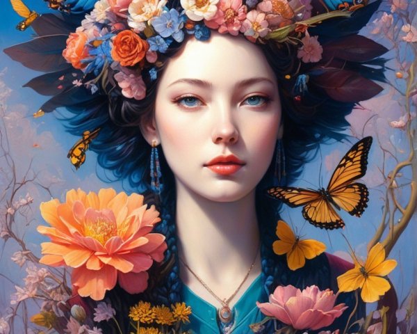 Serene Young Woman with Floral Crown and Butterflies