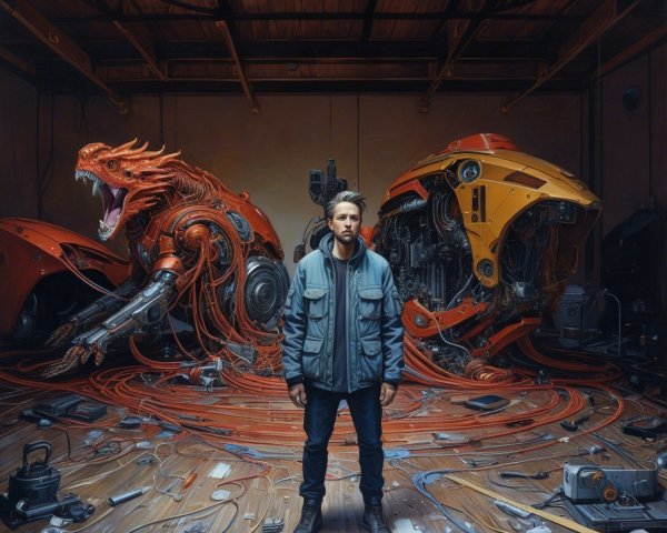 Man in Workshop with Mechanical Creatures and Tools