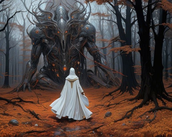 Cloaked Figure and Ominous Creature in Misty Forest