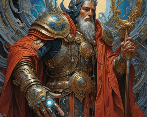 Bearded figure in golden armor with cosmic backdrop