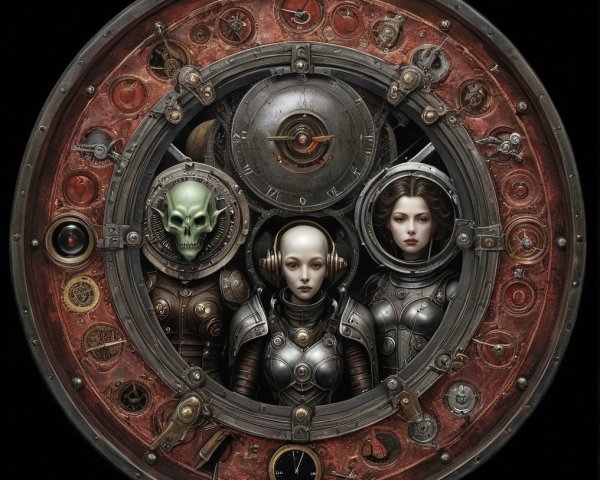 Steampunk Design with Skull, Android, and Woman Figures