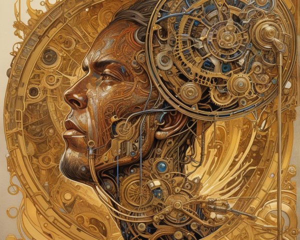 Steampunk-Inspired Human Head with Gears and Metal
