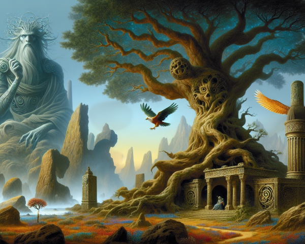 Majestic Ancient Tree with Mystical Stone Structures