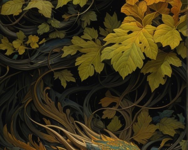 Intricate mythical creature with vibrant patterns and foliage