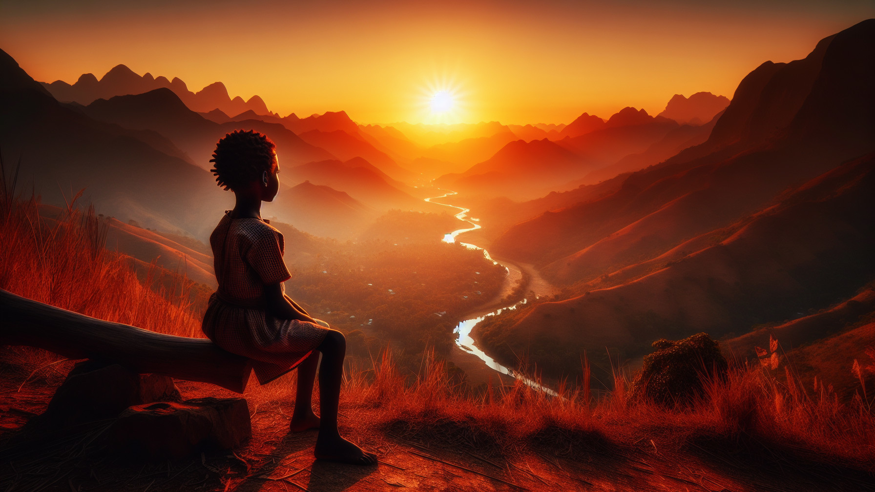 Child Silhouette on Log at Sunset Over Mountains