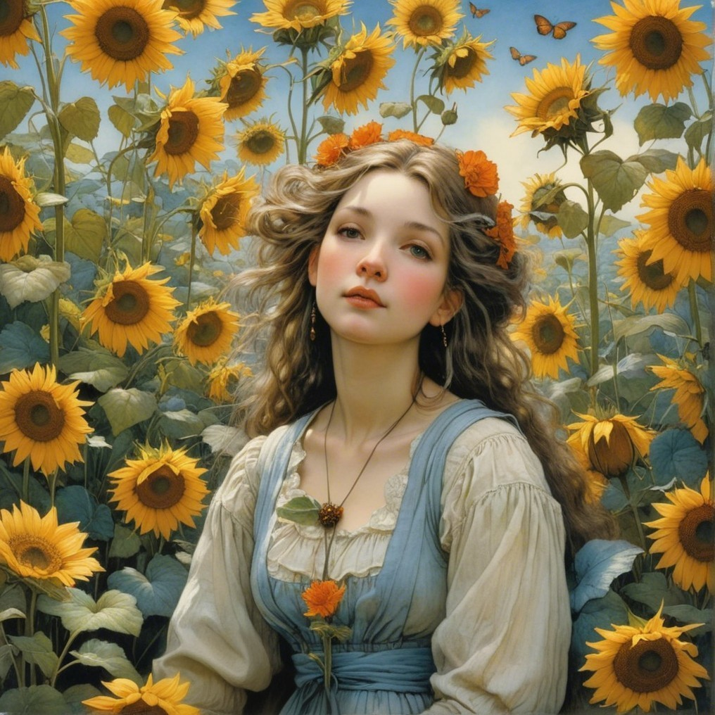 Young woman in flower-adorned hair in sunflower field