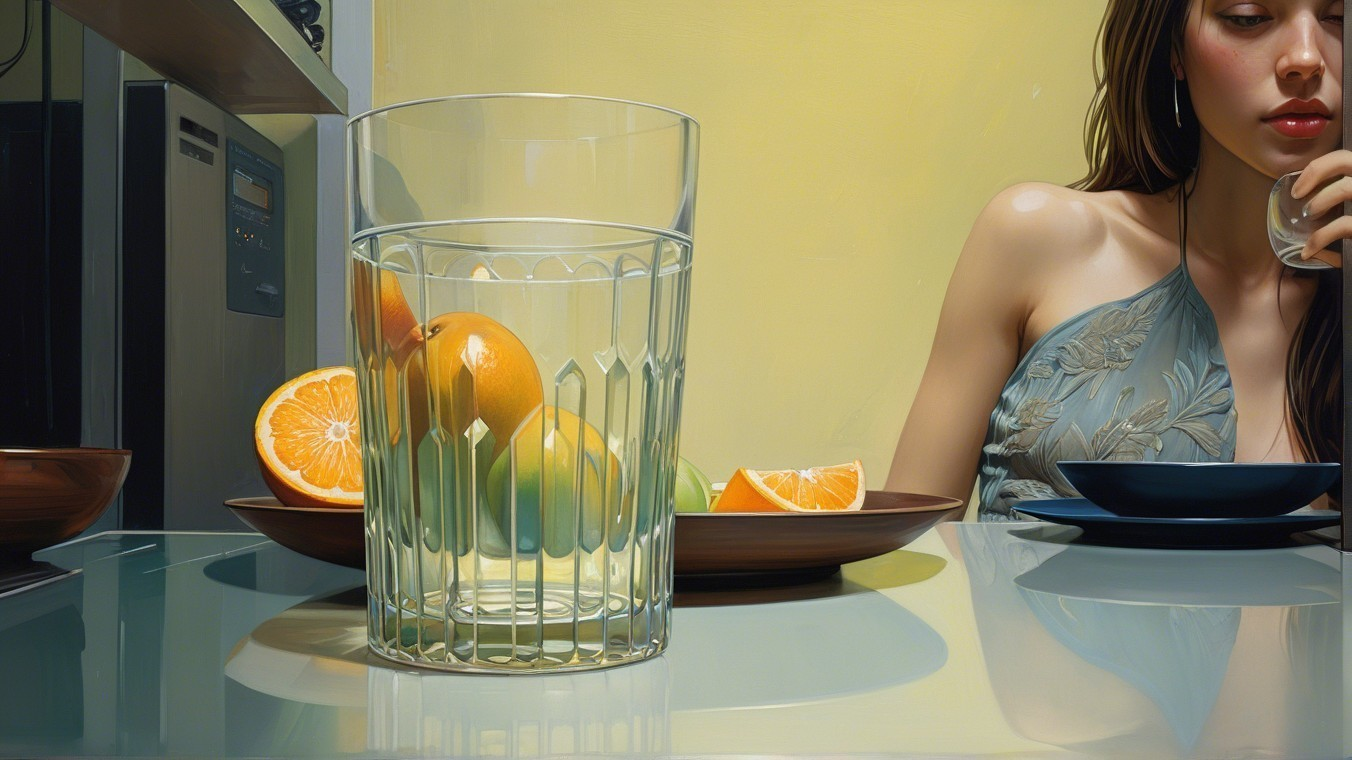 Woman at Dining Table with Glass and Oranges
