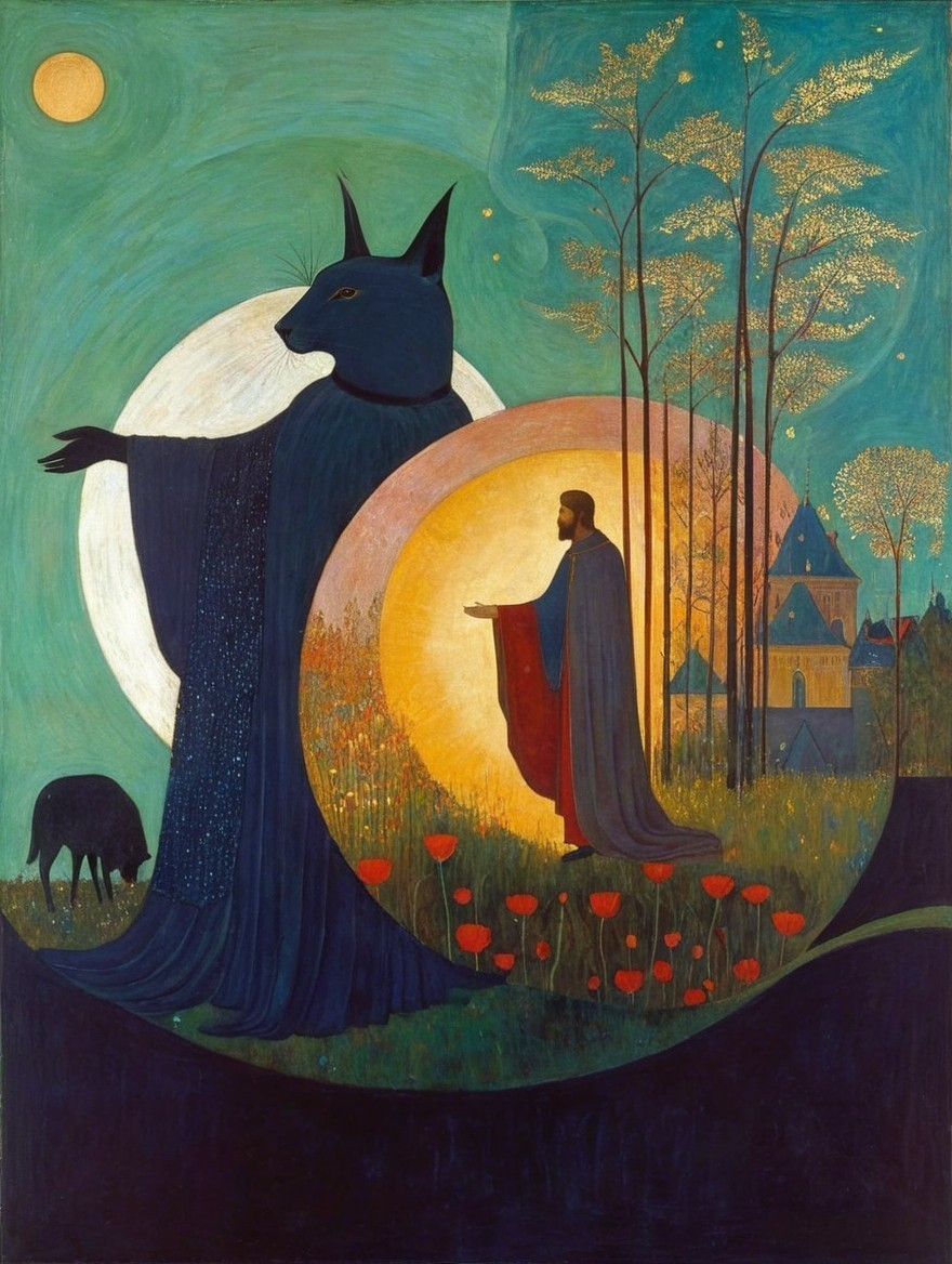 Whimsical Scene with Blue Wolf and Cloaked Figure