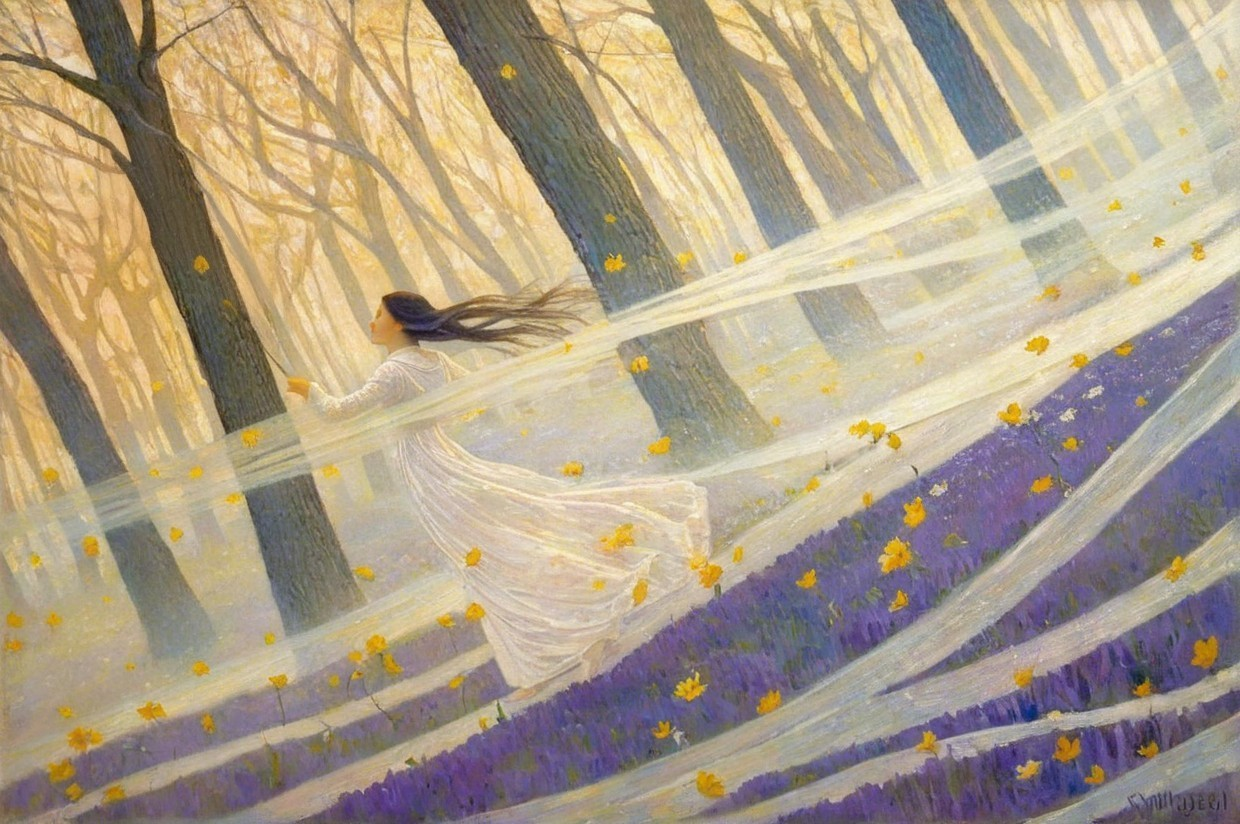 Woman in White Dress Running Through Misty Forest