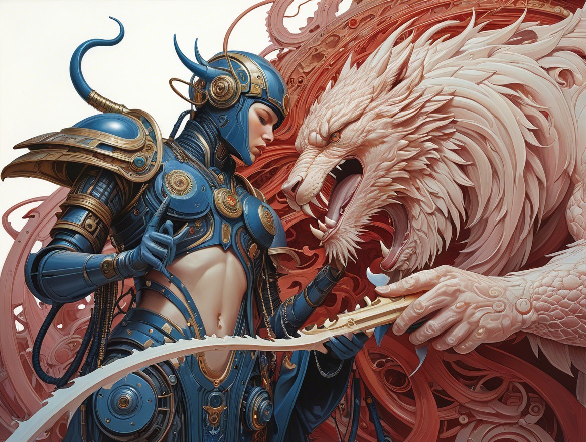 Warrior in Blue Armor Faces Colossal White Wolf
