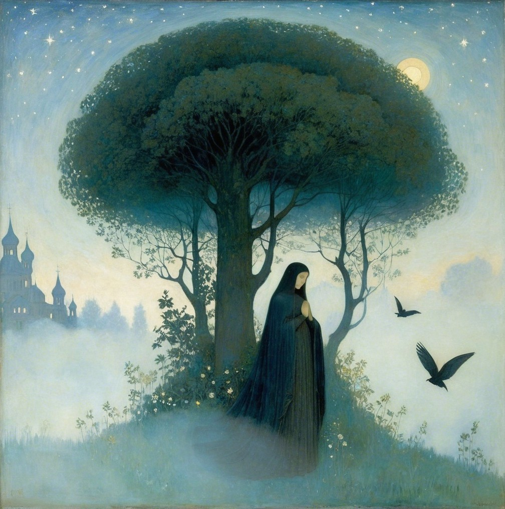 Serene landscape with a cloaked woman under a tree