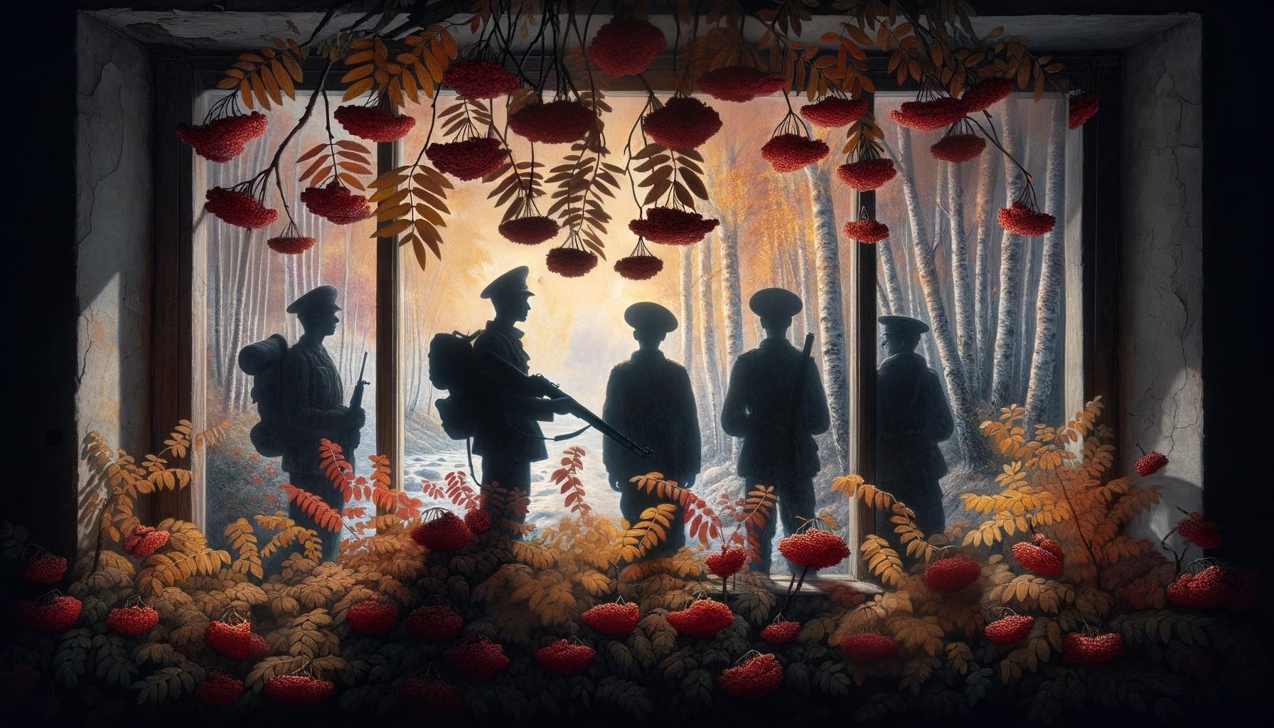 Silhouetted Soldiers in Autumn Setting with Flowers