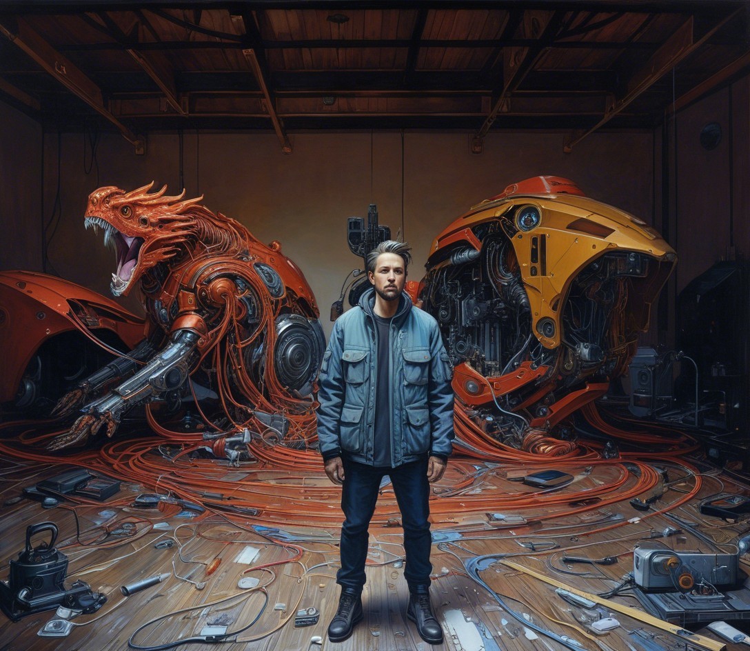 Man in Workshop with Mechanical Creatures and Tools