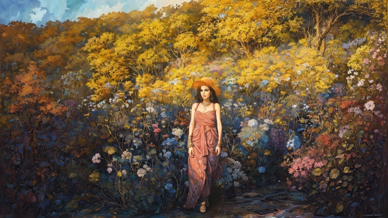 Woman in pink dress and hat surrounded by vibrant floral landscape