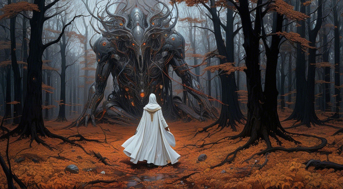 Cloaked Figure and Ominous Creature in Misty Forest