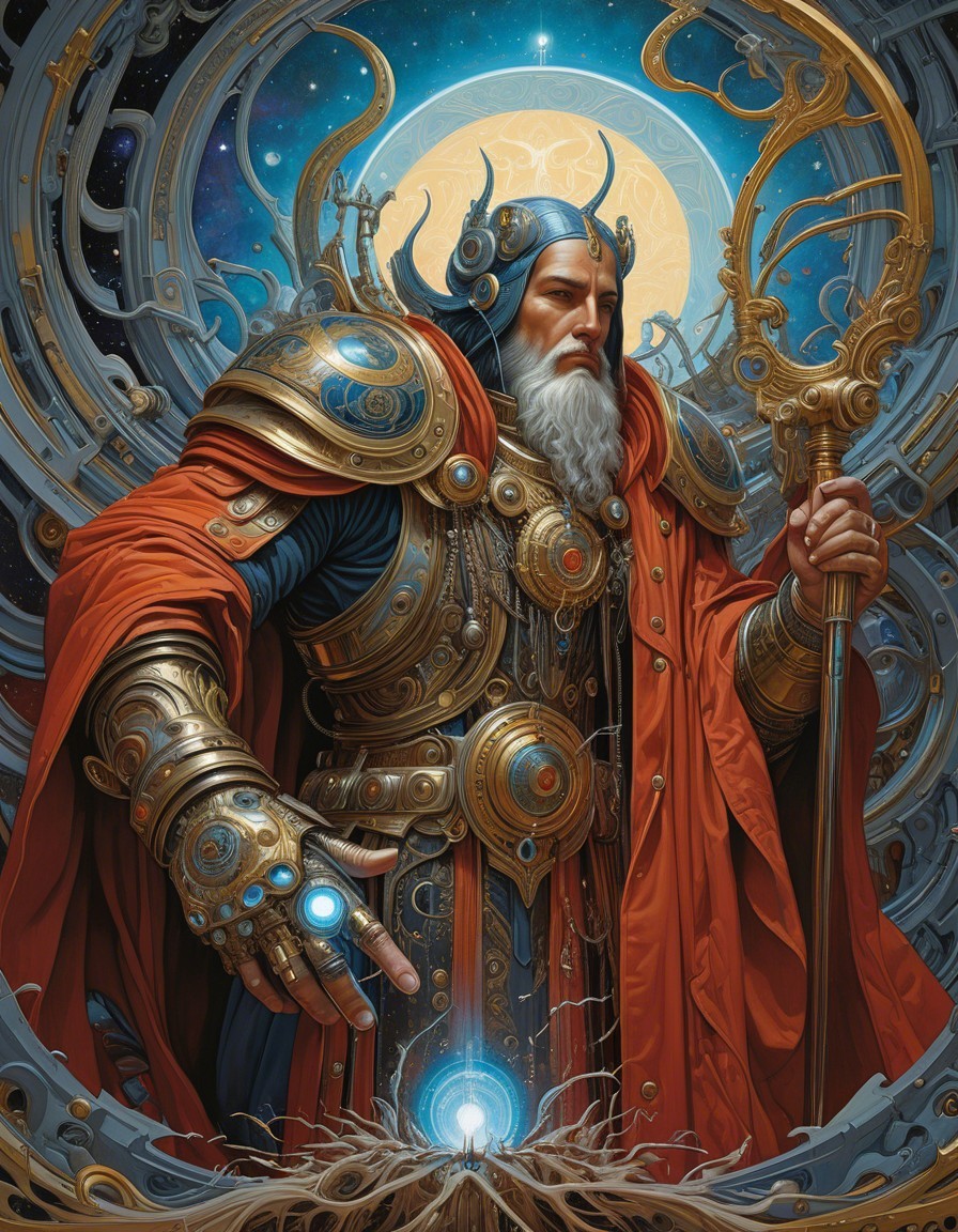 Bearded figure in golden armor with cosmic backdrop