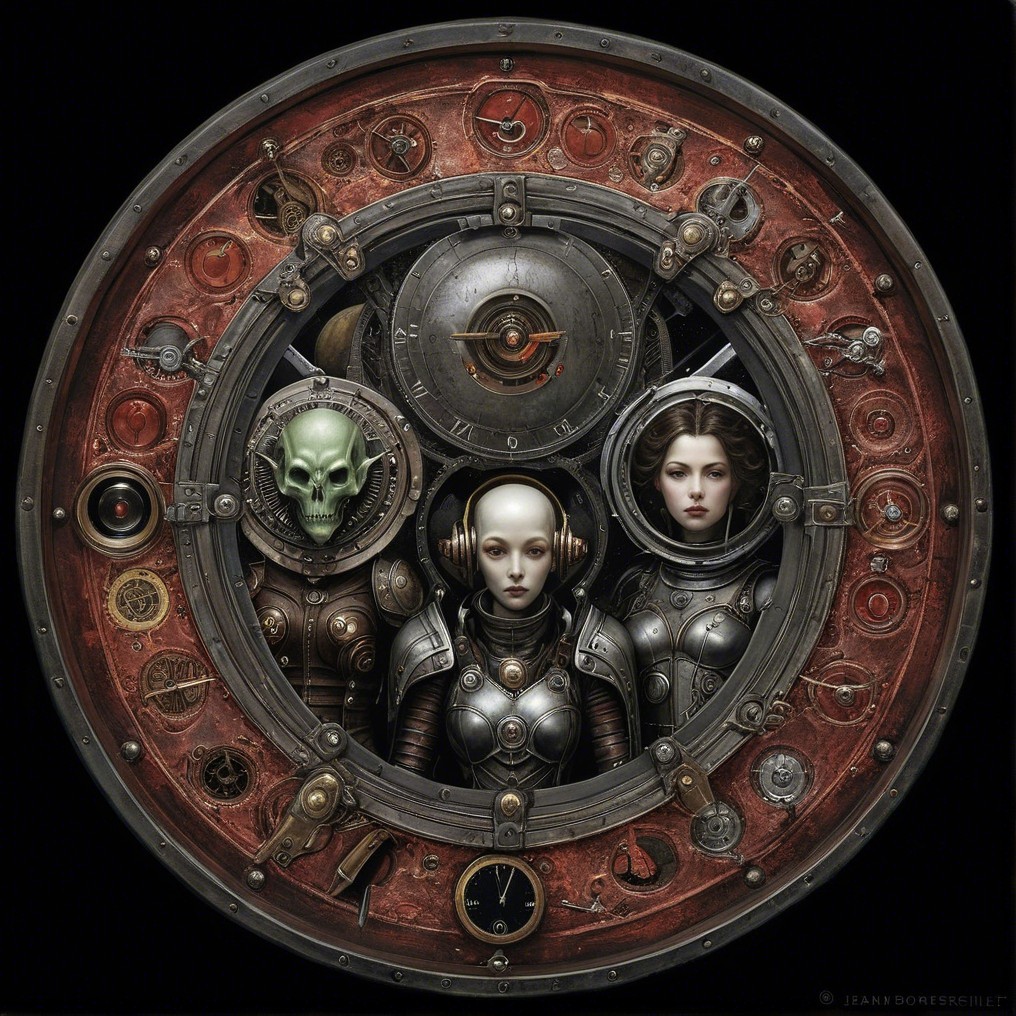 Steampunk Design with Skull, Android, and Woman Figures