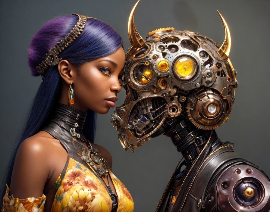 Portrait of Woman with Purple Hair and Robot Companion