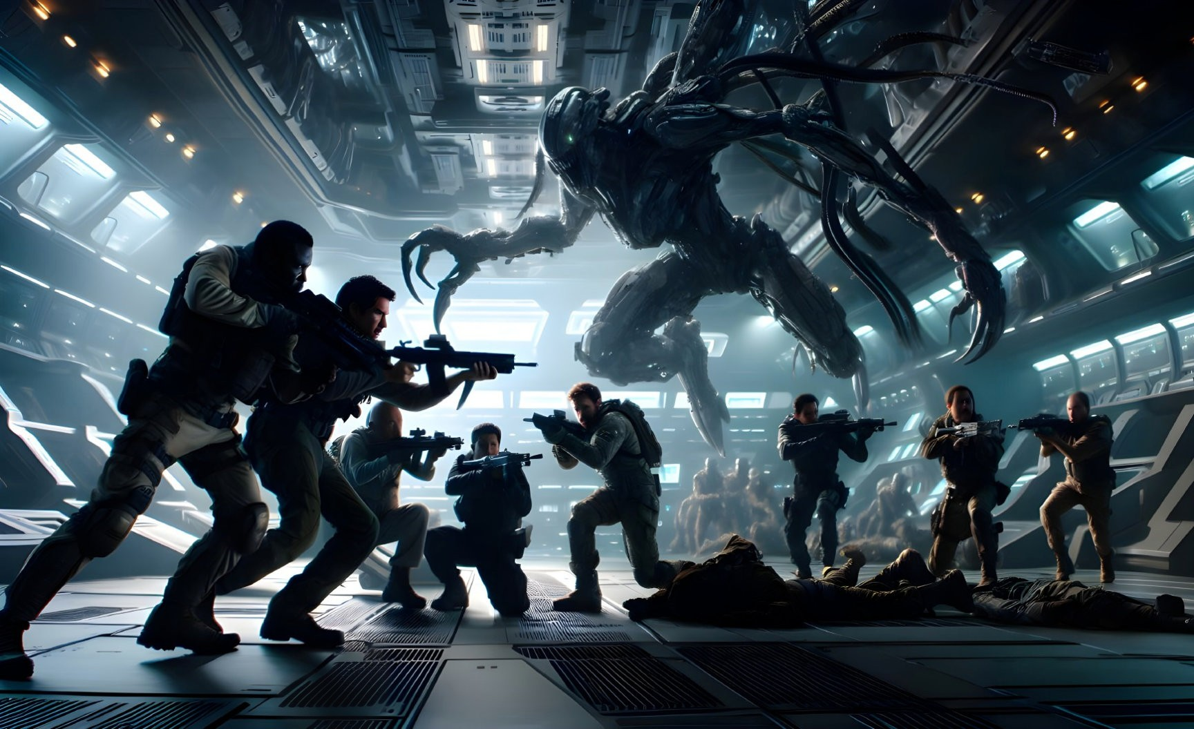 Futuristic Spaceship Interior with Soldiers and Creature