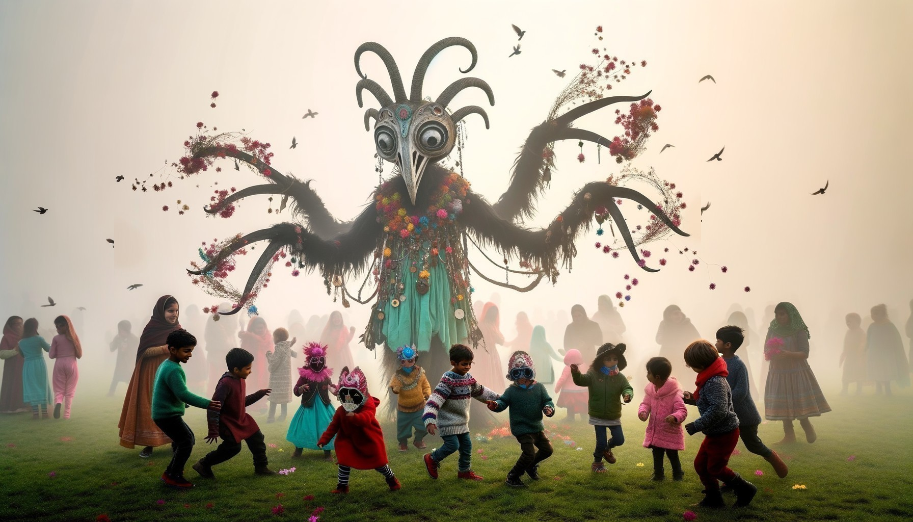 Children Dancing Around a Whimsical Multi-Armed Creature
