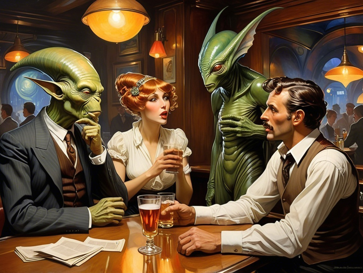 Retro Bar Scene with Humans and Aliens Interacting