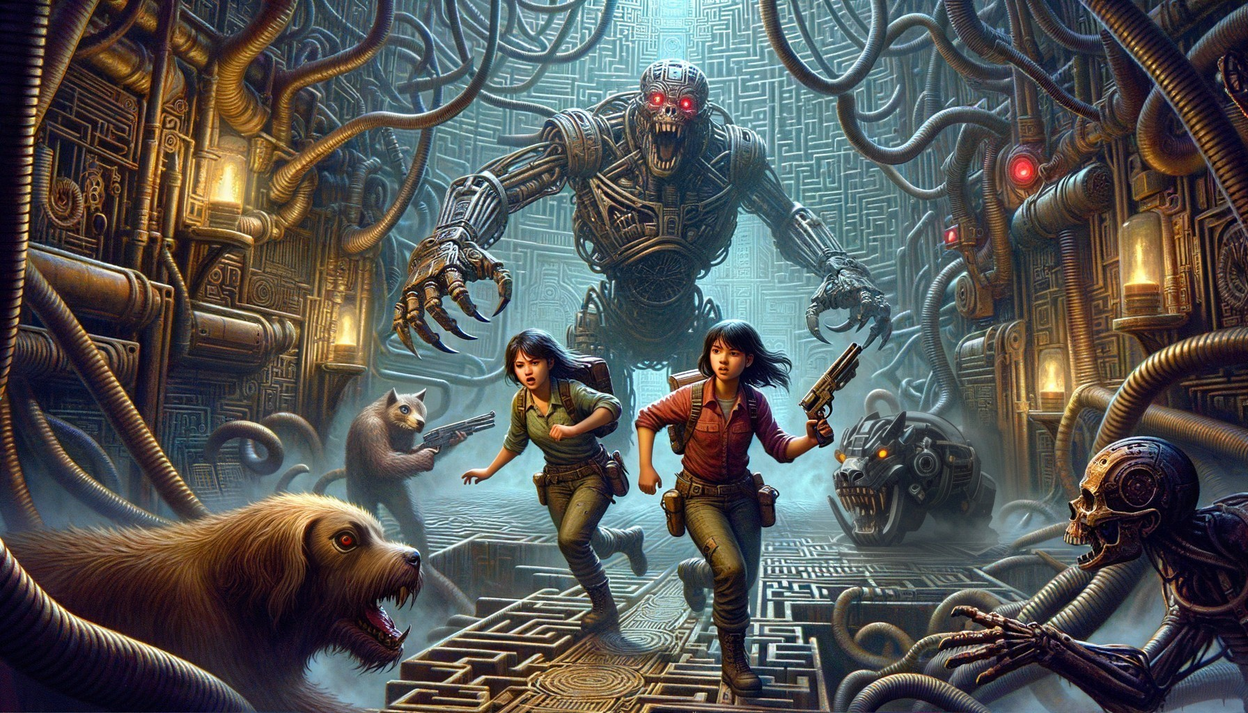 Futuristic Labyrinth with Girls and Mechanical Monster
