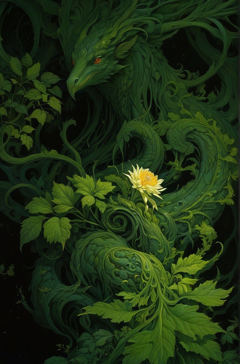 Mystical green dragon entwined with vibrant foliage